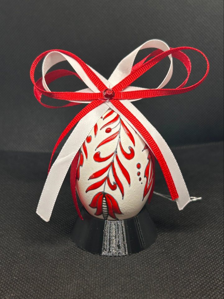 Christmas Ruby pysanka with red and white satin ribbons